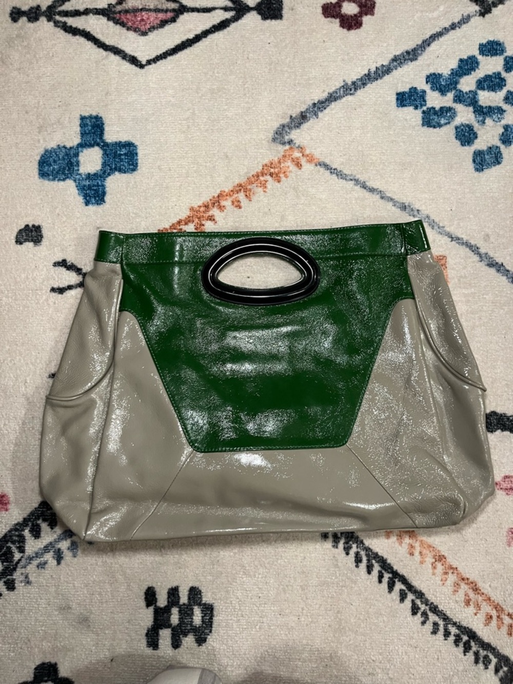 Marni Green and Light Gray Two-Tone Patent Leather Clutch with Oval Handle